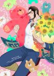  1boy ainu_clothes bara beard black_hair blue_pants blush bouquet brown_eyes buzz_cut doll facial_hair feet_out_of_frame flower gaiters golden_kamuy hairy happy_birthday highres holding holding_bouquet holding_doll kamureon long_sideburns looking_at_viewer male_cleavage male_focus mature_male muscular muscular_male pants partially_unbuttoned pectorals short_hair sideburns solo stubble stuffed_animal stuffed_toy sunflower tanigaki_genjirou teddy_bear thick_eyebrows thick_thighs thighs very_short_hair 