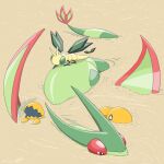  0bon commentary_request desert dragon evolutionary_line fangs flygon green_wings highres no_humans open_mouth outdoors pokemon pokemon_(creature) pokemon_focus red_eyes sand skin_fangs tail trapinch vibrava wings 