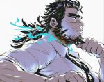  1boy bara beard black_hair blue_fire collared_shirt dark-skinned_male dark_skin facial_hair finger_to_own_chin fire forked_eyebrows from_side isuke looking_to_the_side male_focus mature_male medium_hair muscular muscular_male necktie pectorals sandayu_(tokyo_houkago_summoners) scar scar_on_cheek scar_on_face scar_on_nose shirt sleeves_rolled_up smile solo thick_eyebrows tied_hair tokyo_houkago_summoners upper_body white_shirt 