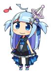  1girl ahoge athena_(dlsite) black_thighhighs blue_eyes blue_hair blunt_bangs chibi closed_mouth dlsite.com full_body kanikama long_hair looking_ahead lowres musical_note radio_antenna satellite_dish short_twintails smile thighhighs twintails very_long_hair white_background 