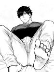  1boy bara black_shirt bulge denim erection erection_under_clothes expressionless feet foreshortening greyscale highres jeans looking_at_viewer male_focus messy_hair monochrome muscular muscular_male original pants pectorals shirt short_hair sideburns soles solo thick_thighs thighs tight tight_pants tight_shirt toes yukibi_(ykb) 
