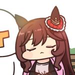  1girl animal_ears braid braided_hair_rings brown_hair casual chibi closed_eyes coat coat_on_shoulders commentary ear_covers gentildonna_(umamusume) hair_rings head_on_another's_shoulder heart-shaped_ornament heart_ear_ornament horse_ears horse_girl jazz_jack leaning_on_person leaning_to_the_side long_hair lowres side-by-side single_ear_cover sitting solo_focus t-head_trainer_(umamusume) trainer_(umamusume) umamusume 