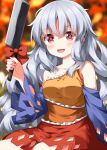  1girl :d bare_shoulders blue_sleeves blurry blurry_background blush bow collarbone commentary_request completion_time cowboy_shot detached_sleeves dress grey_hair hair_between_eyes highres holding holding_knife knife long_hair long_sleeves looking_at_viewer open_mouth red_bow ruu_(tksymkw) sakata_nemuno sleeveless sleeveless_dress smile solo touhou wide_sleeves yellow_dress 