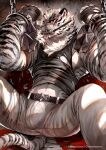  1boy animal_ears arknights artcheetah bara black_tank_top bound bound_arms bulge chain_necklace choker clothes_lift furry furry_male highres male_focus midriff_peek mountain_(arknights) muscular muscular_male pants pectorals scar scar_across_eye sexually_suggestive shirt shirt_lift short_hair sidepec solo spread_legs tank_top tiger_boy tiger_ears tongue tongue_out torn_clothes torn_shirt white_fur white_hair white_pants 
