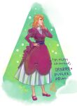  1girl blonde_hair cecily_fairchild christmas christmas_tree closed_mouth commentary dated dress earrings full_body gundam gundam_f91 jewelry lips long_hair looking_at_viewer merry_christmas oono_junji purple_dress smile solo 