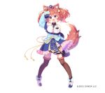  1girl :d angelic_link animal_ear_fluff animal_ears aoi_yun arm_up bangs bare_shoulders blue_headwear blue_jacket blue_skirt blush boots breasts brown_hair brown_legwear cerberus_(angelic_link) collared_shirt commentary_request dog_ears dog_girl dog_hair_ornament dog_tail dress_shirt eyebrows_visible_through_hair fang full_body fur-trimmed_legwear fur_trim hair_between_eyes hair_ornament hat head_tilt jacket large_breasts legs_apart long_sleeves looking_at_viewer mini_hat off_shoulder official_art open_clothes open_jacket open_mouth purple_eyes shirt simple_background skirt sleeveless sleeveless_shirt sleeves_past_fingers sleeves_past_wrists smile solo standing tail thick_eyebrows thighhighs thighhighs_under_boots twintails watermark white_background white_footwear white_shirt 