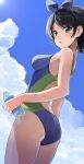  1girl arched_back ass back_cutout bangs bare_shoulders black_hair blue_ribbon blue_sky blue_swimsuit bottle breasts clothing_cutout cloud cloudy_sky commentary cowboy_shot day from_side green_swimsuit hair_ribbon highres hiroki_(yyqw7151) holding holding_bottle kanojo_okarishimasu light_blush looking_at_viewer looking_back medium_breasts one-piece_swimsuit outdoors parted_bangs parted_lips plastic_bottle ribbon sarashina_ruka short_hair sky solo sun swimsuit thighs two-tone_swimsuit water_bottle 