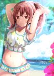  1girl animal armpits arms_up ass_visible_through_thighs azuma_yuki bangs bare_arms bare_shoulders bikini blush breasts brown_eyes brown_hair closed_mouth collarbone commentary_request day dog eyebrows_visible_through_hair flower groin highres horizon idolmaster idolmaster_shiny_colors komiya_kaho long_hair looking_at_viewer navel ocean outdoors palm_tree purple_flower signature small_breasts smile solo sunlight swimsuit tree tying_hair water wet white_bikini 