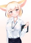  1girl absurdres animal_ears bangs black_skirt blonde_hair breasts brown_eyes clipboard collared_shirt commentary_request eyebrows_visible_through_hair fennec_(kemono_friends) fox_ears fox_girl gradient gradient_background highres holding holding_clipboard id_card kemono_friends kinou_no_shika lanyard large_breasts long_sleeves looking_at_viewer office_lady open_mouth pink_background shirt shirt_tucked_in short_hair skirt solo upper_teeth white_background white_shirt 