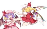  2girls anger_vein arm_up ascot back bangs bat_wings blonde_hair bow caramell0501 closed_eyes collar crystal eyebrows_visible_through_hair flandre_scarlet flying_kick food hair_between_eyes hand_up hands_up hat hat_ribbon highres jewelry jumping kicking mob_cap multicolored multicolored_wings multiple_girls no_shoes one_side_up open_mouth pink_headwear pink_sleeves plate pudding puffy_short_sleeves puffy_sleeves purple_hair red_bow red_neckwear red_ribbon red_skirt red_vest remilia_scarlet ribbon shaded_face shirt short_hair short_sleeves simple_background skirt socks spoon standing touhou vest white_background white_bow white_headwear white_legwear white_shirt white_sleeves wings wrist_cuffs yellow_neckwear 