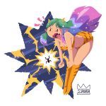  1boy 1girl animal_print artist_logo bikini boots breasts clenched_hands cone_horns electricity fangs frown full_body gradient_hair green_hair highres horns knee_boots logo long_hair lum moroboshi_ataru multicolored_hair open_mouth pointy_ears print_bikini print_boots purple_hair sanada_shin sky star_(sky) starry_sky swimsuit tiger_print tongue urusei_yatsura 