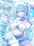  1girl absurdres aqua_eyes blue_bow blue_capelet blue_hair blue_shorts blush bow breasts capelet cleavage commentary_request commission elegant_(sumisumi4268) fur-trimmed_capelet fur-trimmed_shorts fur_trim gift hair_between_eyes hand_up highres holding holding_gift indie_virtual_youtuber large_breasts long_hair looking_at_viewer open_mouth shorts solo stomach very_long_hair virtual_youtuber 