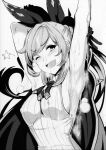  1girl :d absurdres armpits blush bow breasts cape clarisse_(granblue_fantasy) covered_nipples cum cum_on_armpits cum_on_hair facial gloves granblue_fantasy greyscale hair_bow hands_up highres large_breasts looking_at_viewer monochrome one_eye_closed open_mouth ponytail simple_background smile solo ulrich_(tagaragakuin) upper_body white_background 