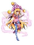  1girl american_flag_dress american_flag_legwear asymmetrical_legwear blonde_hair blush_stickers breasts clownpiece dress eyebrows_visible_through_hair fairy_wings full_body hair_between_eyes hat holding holding_torch jester_cap leg_up long_hair neck_ruff no_shoes open_mouth red_eyes shen_li short_dress short_sleeves small_breasts solo standing standing_on_one_leg torch touhou transparent_background very_long_hair wings 