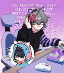  1boy 1girl ? ahoge anger_vein angry animal_ear_headphones animal_ears animal_hood black_hoodie blank_eyes blue_eyes blue_hair cat_ear_headphones cat_ears chair commentary computer_keyboard computer_mouse confused double-parted_bangs dreamycakesss english_commentary english_text fake_animal_ears grey_hair hair_between_eyes headphones highres hood hood_up hoodie long_sleeves open_mouth original shark_hood short_hair sitting speech_bubble 
