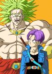  2boys abs blank_eyes blue_eyes blue_jacket broly_(dragon_ball_z) commentary_request dragon_ball dragon_ball_z earrings green_hair highres jacket jewelry lee_(dragon_garou) legendary_super_saiyan male_focus multiple_boys muscular muscular_male orange_background outside_border pectorals purple_hair size_difference super_saiyan sweatdrop sword sword_on_back topless_male trunks_(dragon_ball) trunks_(future)_(dragon_ball) vambraces weapon weapon_on_back 