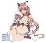  1girl animal_ears animal_hands animal_print bikini blue_legwear blush breasts eyebrows_visible_through_hair fake_animal_ears fake_tail gloves green_eyes groin large_breasts long_hair looking_at_viewer maria_cadenzavna_eve navel paw_gloves pink_hair senki_zesshou_symphogear shiny shiny_hair simple_background solo swimsuit tail thighhighs tiger_ears tiger_print tiger_tail tongue tongue_out tsukamoto_kensuke white_background 