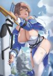  1girl absurdres bare_shoulders blue_dress blue_jacket blue_sky blunt_bangs braid braided_bun breasts brown_hair bun_cover chaos_zero_nightmare chinese_commentary choker cleavage cloud collarbone commentary_request covered_navel cropped_jacket day double_bun dress eyeliner froggy_(froggy_163) from_below gradient_clothes gradient_dress hair_bun hair_ornament highres holding holding_sword holding_weapon huge_weapon jacket large_breasts leaning_forward long_sleeves looking_at_viewer makeup mole mole_under_mouth off_shoulder open_clothes open_jacket panty_straps pelvic_curtain piercing red_eyeliner short_hair_with_long_locks sidelocks single_thighhigh skindentation sky solo standing strapless strapless_dress sword thighhighs tongue tongue_out tongue_piercing torn_clothes torn_thighhighs weapon weapon_strap white_dress white_thighhighs yellow_eyes yuki_(chaos_zero_nightmare) 