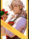  1boy arven_(holiday_2025)_(pokemon) arven_(pokemon) bow box brown_hair commentary_request gift gift_box grey_hair hair_over_one_eye holding holding_box holding_gift long_sleeves looking_at_viewer male_focus medium_hair multicolored_hair official_alternate_costume pokegpp110 pokemon pokemon_masters_ex red_bow smile solo sweater turtleneck turtleneck_sweater twitter_username two-tone_hair upper_body white_sweater 