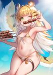 1girl :3 akuma_(st.takuma) animal_ears animal_print armpits bikini blonde_hair blush colored_inner_hair commentary eating flat_chest food green_eyes highres holding holding_food ju_fufu long_hair meat multicolored_hair navel one_eye_closed pear-shaped_figure print_bikini smile solo sparkling_eyes stomach striped_fur striped_hair swimsuit tail thigh_strap tiger_ears tiger_girl tiger_print tiger_stripes tiger_tail white_hair zenless_zone_zero 