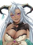  1girl breasts brooch cleavage dark_skin detached_sleeves fediel_(granblue_fantasy) granblue_fantasy hair_between_eyes highres horn_ornament horn_ribbon horns jewelry large_breasts long_hair open_mouth purple_eyes ribbon sharp_teeth silver_hair simple_background smile solo stmoon teeth upper_body white_background 
