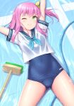  1girl ;) arms_up ass_visible_through_thighs blue_swimsuit breasts broom closed_mouth commentary_request covered_navel cowboy_shot empty_pool green_eyes highres lying old_school_swimsuit on_back one_eye_closed one_side_up original pink_hair sasaame school_swimsuit school_uniform serafuku small_breasts smile solo swimsuit swimsuit_under_clothes 