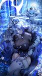  1girl absurdres blue_eyes blue_hair blue_horns blue_lips breasts claws commentary crossed_legs crown english_commentary fushi_yohaku hair_ornament highres horns indie_virtual_youtuber large_breasts long_hair looking_at_viewer second-party_source single_horn sitting skull_hair_ornament solo thighhighs veta_valentine virtual_youtuber white_thighhighs yeti_(creature) 