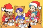  2boys 2girls aqua_hair baby black_eyes black_hair blue_eyes blue_overalls blue_sweater bottle bra_(dragon_ball) brother_and_sister bulma cake chair commentary_request cup dragon_ball dragon_ball_super drinking_glass eating family father_and_son food food_on_face fork hat high_ponytail highres holding holding_food holding_fork husband_and_wife lee_(dragon_garou) mother_and_daughter mother_and_son multiple_boys multiple_girls official_style open_mouth overalls ponytail purple_hair santa_costume santa_hat short_hair siblings smile sweater table trunks_(dragon_ball) turkey_leg vegeta wine_glass 