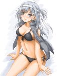  1girl akimoto_dai bikini black_bikini breasts cleavage commentary_request front-tie_top grey_jacket hairband highres jacket jacket_on_shoulders kantai_collection long_hair medium_breasts navel one-hour_drawing_challenge one_side_up side-tie_bikini silver_hair sitting solo suzutsuki_(kancolle) swimsuit white_hairband 