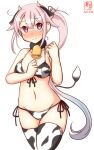  1girl animal_ears animal_print artist_logo bell bikini blue_hair collarbone commentary_request covered_nipples cow_ears cow_horns cow_print cow_tail cowbell cowboy_shot dated fake_animal_ears fake_horns front-tie_top gradient_hair harusame_(kancolle) horns kanon_(kurogane_knights) kantai_collection long_hair looking_at_viewer lowleg lowleg_bikini multicolored_hair one-hour_drawing_challenge pink_hair red_eyes side-tie_bikini side_ponytail simple_background solo swimsuit tail thighhighs white_background white_bikini white_legwear 