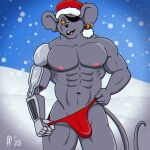 2025 abs alien anthro biker_mice_from_mars black_nose buckteeth bulge christmas christmas_clothing christmas_headwear clothing clothing_pull cybernetic_arm cybernetic_limb ear_piercing ear_ring eye_patch eyewear fabfelipe front_view fur grey_body grey_fur hat headgear headwear hi_res holidays male mammal modo_(bmfm) mouse murid murine muscular muscular_anthro muscular_male navel nipples notched_ear open_mouth pecs piercing pink_nipples red_clothing red_eyes red_thong red_underwear ring_piercing rodent santa_hat snow snowing solo tail teeth thong thong_pull underwear underwear_pull yellow_sclera
