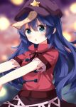  1girl alternate_hair_length alternate_hairstyle blue_eyes blue_hair blurry blurry_background blush brown_skirt commentary_request completion_time cowboy_shot hair_between_eyes hat hat_ornament highres jiangshi long_hair looking_at_viewer miyako_yoshika ofuda ofuda_on_head open_mouth outstretched_arms purple_hat red_shirt ruu_(tksymkw) shirt short_sleeves skirt solo star_(symbol) star_hat_ornament touhou zombie_pose 