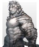  1boy 5cm_housamo abs absurdres animal_ears arknights bara completely_nude furry furry_male highres large_pectorals looking_at_viewer male_focus mountain_(arknights) muscular muscular_male nipples nude pectorals scar scar_across_eye scar_on_arm short_hair solo stomach tiger_boy tiger_ears white_fur white_hair 