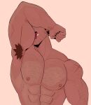  1boy abs arm_hair armpit_hair bara biceps black_nails broad_shoulders brown_hair chest_hair commentary covered_eyes earrings facial_hair fang fenrir_(fenwolf) highres jewelry large_pectorals licking_own_arm male_focus muscular muscular_male nail_polish nipples original pectorals scar scar_on_shoulder shoulder_hair simple_background single_earring solo stomach_hair stubble sweat symbol-only_commentary thick_arms triceps upper_body v-taper 