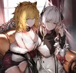  2girls animal_ears arknights bangs black_collar black_jacket blonde_hair breasts chinese_commentary closed_mouth collar commentary_request couch cowboy_shot curtains day dress eyebrows_visible_through_hair fur-trimmed_jacket fur_trim grey_eyes hair_between_eyes hand_up highres horns indoors jacket jewelry kato_(kato) large_breasts light_particles lion_ears lion_girl long_hair long_sleeves looking_at_viewer multicolored_hair multiple_girls multiple_rings off_shoulder on_couch open_clothes open_jacket red_hair red_shorts ring shirt short_shorts shorts siege_(arknights) silver_hair sitting sleeveless sleeveless_shirt smile streaked_hair theresa_(arknights) watermark white_dress white_shirt window 