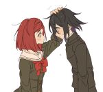  1boy 1girl arm_up bangs black_hair black_jacket blush_stickers bow brown_jacket buttons closed_mouth commentary crying danganronpa_(series) danganronpa_v3:_killing_harmony eye_contact from_side grey_background headpat jacket jingle_(mhb729) looking_at_another ouma_kokichi purple_hair red_bow red_hair red_neckwear sailor_collar short_hair simple_background smile teardrop tears upper_body yumeno_himiko 