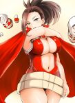 1girl absurdres adahcm arm_across_chest belt black_eyes black_hair bodysuit boku_no_hero_academia breasts cape center_opening cleavage cloak gradient gradient_background hair_pulled_back highres large_breasts looking_at_viewer matryoshka_doll midriff navel open_mouth ponytail red_bodysuit shiny shiny_clothes shiny_hair shiny_skin solo standing stomach superhero thick_thighs thighs white_background yaoyorozu_momo yellow_background 