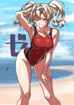  1girl bare_arms bare_shoulders beach blonde_hair blue_eyes braid breasts competition_swimsuit goggles goggles_on_head granblue_fantasy hand_up large_breasts leaning_forward looking_at_viewer ocean one-piece_swimsuit outdoors red_swimsuit sand smile solo standing swimsuit twintails ulrich_(tagaragakuin) zeta_(granblue_fantasy) 