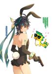  1boy absurdres ajaw_(genshin_impact) animal_ears aqua_headband black_gloves black_hair black_leotard black_shorts black_sleeves blonde_hair chinese_text closed_mouth earrings fake_animal_ears genshin_impact gloves green_eyes green_hair gun handgun headband highres holding holding_gun holding_weapon jewelry kinich_(genshin_impact) leotard liu_(erzplubdduik93g) looking_at_viewer male_focus multicolored_hair playboy_bunny rabbit_ears short_hair shorts streaked_hair translation_request weapon white_background 