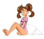  1girl bangs barefoot bottomless brown_hair closed_mouth commentary cushion double_bun eyelashes from_side full_body grey_eyes legs_together looking_back naked_shirt pink_shirt pokemon pokemon_(game) pokemon_xy shauna_(pokemon) shirt short_sleeves sitting smile soles solo sooperman split_mouth t-shirt toes 