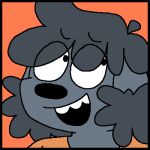 1:1 2025 anthro black_hair canid canine canis clothing colored curly_hair domestic_dog english_description flat_colors floppy_ears freoncat fur grey_body grey_fur hair headshot_portrait icon looking_aside low_res male male_anthro mammal normalsville open_mouth open_smile orange_background orange_clothing orange_shirt orange_topwear poodle portrait rocky_(normalsville) shirt simple_background smile solo topwear