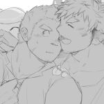  2boys absurdres animal_ears bara blush collared_shirt couple cow_boy cow_ears face-to-face facial_hair fiery_horns forked_eyebrows goatee greyscale gunzo_(tokyo_houkago_summoners) heads_together highres horns leaning_on_person male_focus monochrome multiple_boys onyu_(onyu_25) scar scar_on_cheek scar_on_face shirt short_hair sideburns spiked_hair stubble sweatdrop thick_eyebrows tokyo_houkago_summoners wakan_tanka yaoi 