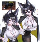  1girl absurdres ahoge animal_ear_fluff animal_ears black_hair black_jacket black_skirt breasts brown_nails brown_pantyhose cleavage collared_shirt commentary cowboy_shot dot_nose fingernails fox_ears fox_girl fox_tail green_jacket hair_between_eyes hand_up haze_(7h4ze) highres id_card jacket jacket_on_shoulders lanyard large_breasts light_blush long_fingernails long_sleeves looking_at_viewer medium_hair mole_beside_mouth multicolored_jacket multiple_views nail_polish office_lady open_mouth orange_eyes original pantyhose pencil_skirt reference_inset shirt silver_fox_(animal) simple_background skirt tail two-tone_jacket upper_body white_background white_shirt 
