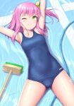  1girl ;) armpits arms_up ass_visible_through_thighs blue_swimsuit breasts broom closed_mouth commentary_request covered_navel cowboy_shot empty_pool green_eyes highres lying old_school_swimsuit on_back one_eye_closed one_side_up original pink_hair sasaame school_swimsuit small_breasts smile solo swimsuit 