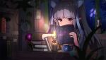  1girl ame. bangs blue_kimono blue_ribbon blurry blurry_foreground blush book book_stack commentary_request covered_mouth depth_of_field eyebrows_visible_through_hair hair_ribbon holding holding_book indoors japanese_clothes kerosene_lamp kimono kyouka_(princess_connect!) long_hair long_sleeves night open_book orb pointy_ears princess_connect! purple_eyes purple_hair ribbon solo staff twintails upper_body wide_sleeves window 