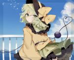  1girl bangs bird black_headwear blue_sky bow closed_mouth cloud cowboy_shot eyebrows_visible_through_hair from_behind green_eyes green_hair green_skirt hat hat_bow heart heart_of_string highres komeiji_koishi long_sleeves looking_at_viewer looking_back outdoors shirt skirt sky solo sorani_(kaeru0768) standing taking_picture third_eye touhou wide_sleeves yellow_bow yellow_shirt 