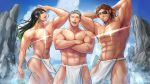  3boys abs alternate_costume armpits arms_behind_head ass atari_69 bara belmond_banderas brown_hair character_request cliff crossed_arms eyepatch eyeshadow facial_hair glowing_nipples goatee granblue_fantasy granblue_fantasy_(style) green_eyeshadow green_hair grey_hair grin highres indie_virtual_youtuber large_pectorals lipstick loincloth long_hair makeup male_focus manly mature_male multiple_boys muscular muscular_male navel nijisanji nipples parody pectorals short_hair sideburns smile stomach stubble textless thick_thighs thighs translation_request underwear underwear_only virtual_youtuber water white_male_underwear 