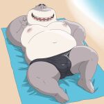 1:1 2025 4_toes anthro beach beach_towel black_clothing black_eyebrows black_underwear bobbellyboy bulge clothed clothing detailed_bulge dreamworks english_description eyebrows feet fish grey_body half-closed_eyes hi_res lying male marine mr._shark_(the_bad_guys) narrowed_eyes navel nipple_piercing nipples on_back overweight overweight_anthro overweight_male piercing pink_nipples shark sharp_teeth shoreline smile solo teeth the_bad_guys toes topless topless_anthro topless_male towel underwear underwear_only