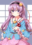  1girl alternate_hair_length alternate_hairstyle black_hairband blue_shirt blush buttons closed_mouth collared_shirt commentary_request completion_time contrast_collar cowboy_shot floral_print frilled_shirt_collar frilled_sleeves frills grey_background hairband heart_button highres komeiji_satori long_hair long_sleeves pink_skirt print_skirt purple_eyes purple_hair ruu_(tksymkw) shirt skirt smile solo third_eye touhou wide_sleeves 