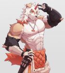  1boy abs alternate_pectoral_size animal_ears arknights bangs bara bare_shoulders brown_fur detached_sleeves dog_boy dog_ears furry furry_male highres horns hung_(arknights) large_pectorals male_focus medium_hair muscular muscular_male navel navel_hair nipples orange_eyes orange_hair pectorals pelvic_curtain single_horn solo stomach two-tone_fur uiokv white_fur white_hair 